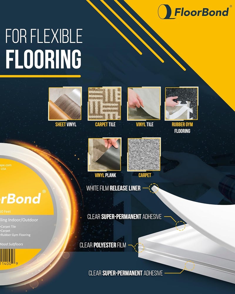 FloorBond شريط لاصق مزدوج الجوانب للاستخدام الثقيل لشريط السجاد للأرضيات المرنة والفينيل، بلاط السجاد، العشب الصناعي، بلاط الصالة الرياضية الرغوي، بلاط الصالة الرياضية المطاطي، سهل التركيب، قبضة قوية للغاية - Image 3